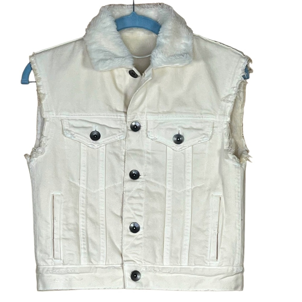Helmet Lang Women’s Ivory Denim Distressed Vest With Faux Fur Lining & Collar XS